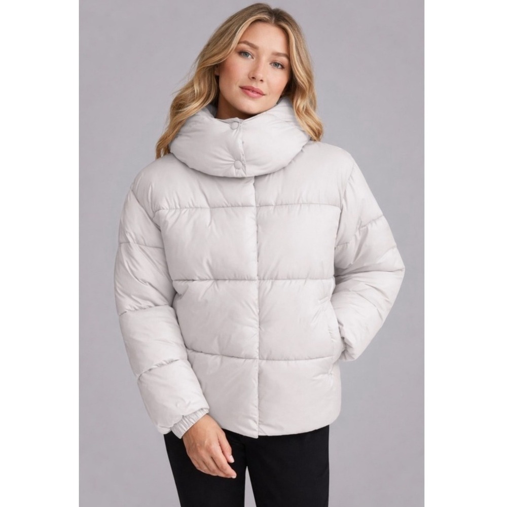NVLT Women Puffer Jacket Ivory High‎ Neck Quilted Full Zip  size  XL